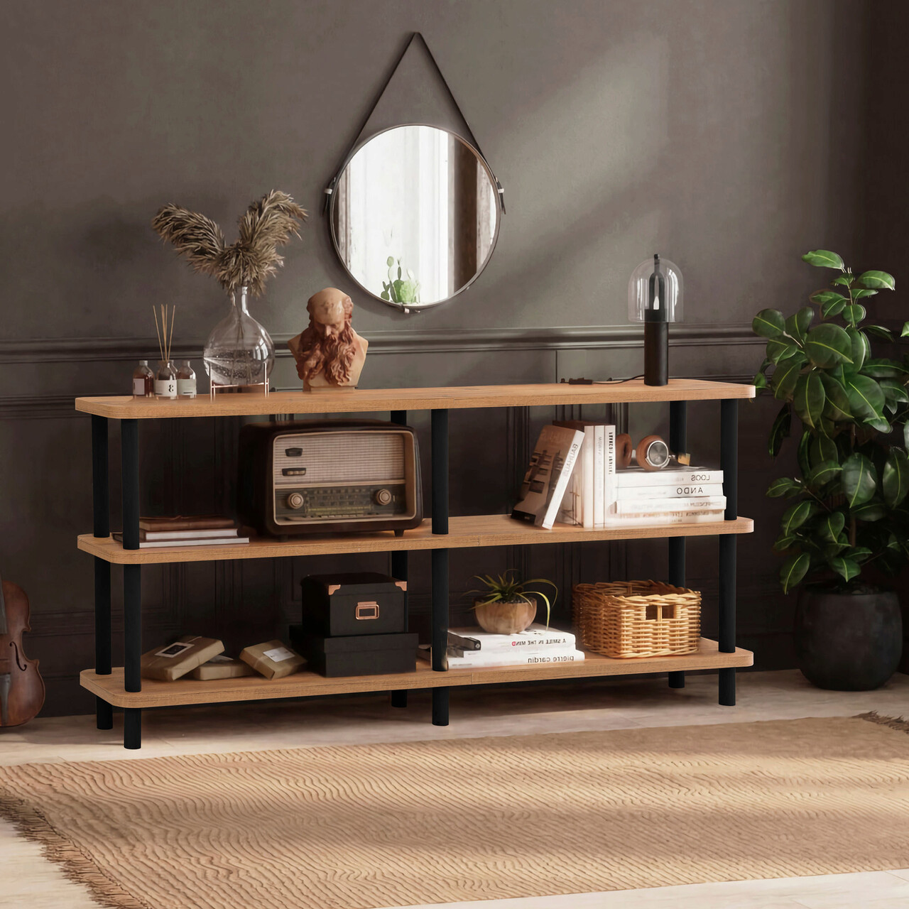 Corp biblioteca, Hanah Home, Raca, 150x74.9x35 cm, Negru / Pin Atlantic - imagine 7